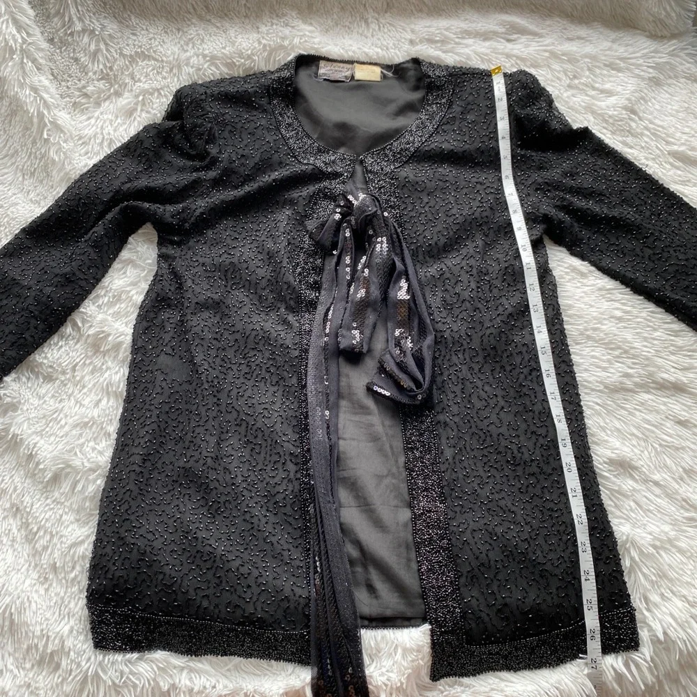 STENAY Vintage Beaded Silk Evening Jacket Black Sequin Formal Tie Front M